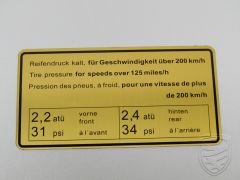 Klebeschild, Reifendruck, 200 km/h für Porsche 911S/E/T '67-'71 912